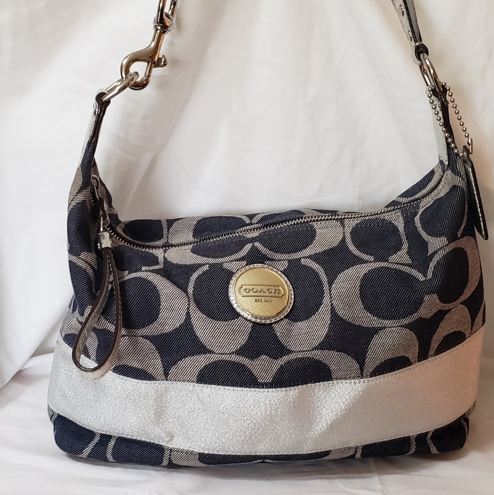 COACH blue and silver signature bag